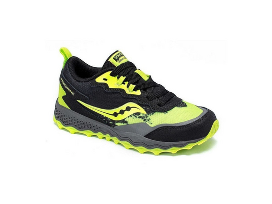 Allen's Bootery black and lime green Saucony Peregrine KDZ trail running shoe with reinforced toe and aggressive tread.