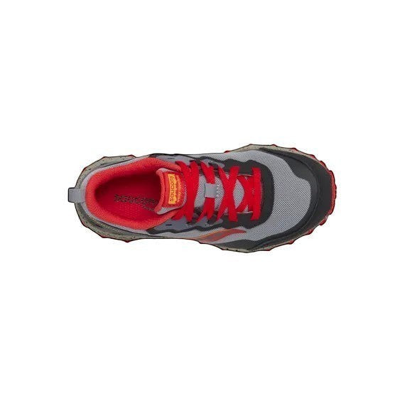 Allen's Bootery Saucony Peregrine KDZ kids trail running shoe in grey, red, and yellow with a rugged outsole.