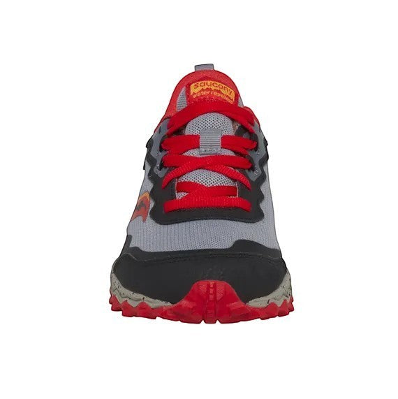 Allen's Bootery Saucony Peregrine KDZ kids trail sneaker in grey, red, and yellow with a rugged water-repellent upper.