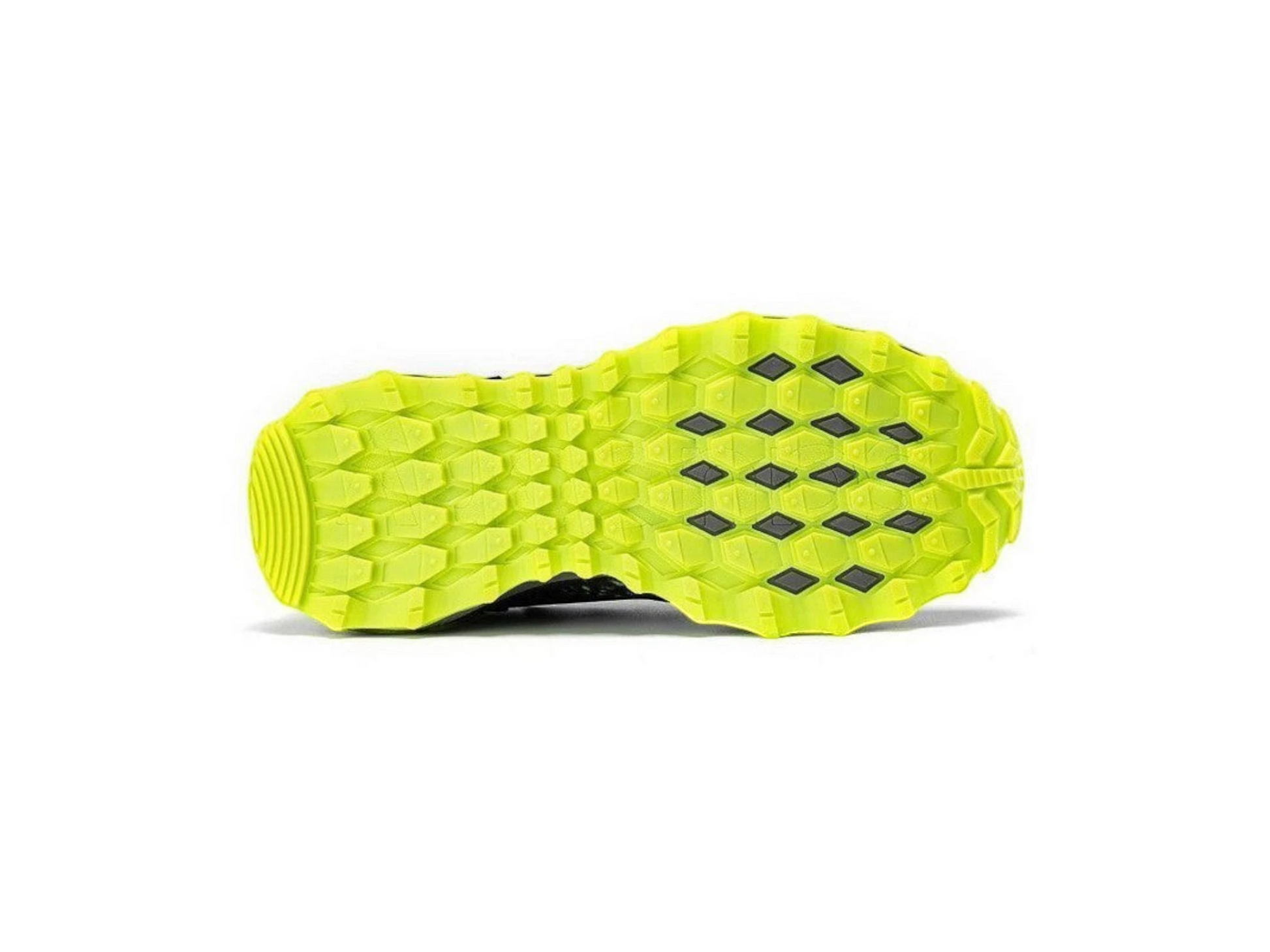 Allen's Bootery black and lime green Saucony Peregrine KDZ trail running shoe sole with aggressive tread for traction.