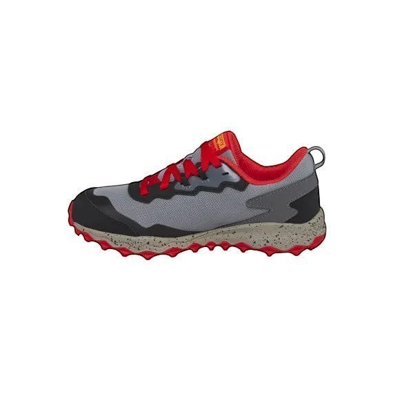 Allen's Bootery Saucony Peregrine KDZ grey, red, and yellow water-repellent trail running shoe for big kids.