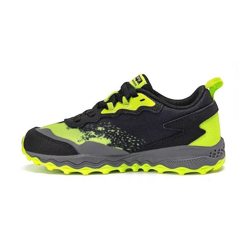 Allen's Bootery black and lime green Saucony Peregrine KDZ trail running shoes for kids with reinforced toe and aggressive tread.