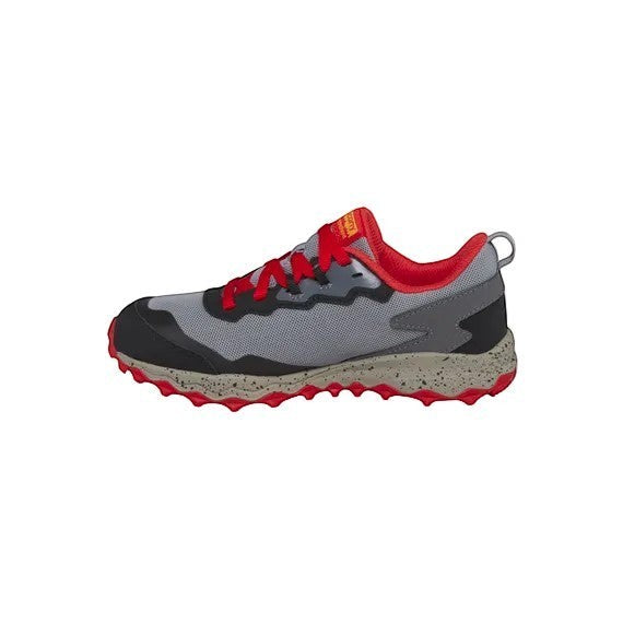Allen's Bootery Saucony Peregrine KDZ kids trail sneaker in grey with red laces and yellow accents