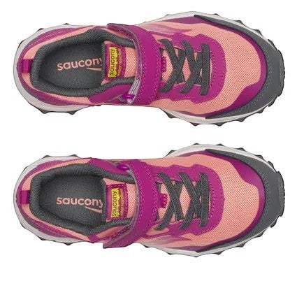 Allen's Bootery Saucony Peregrine KDZ berry and coral water-repellent kids trail sneakers with hook-and-loop closure