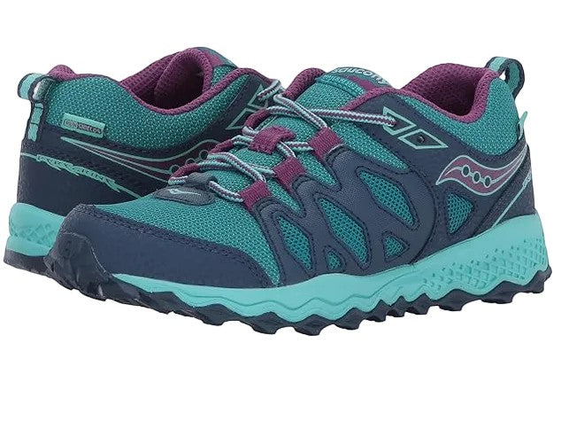Allen's Bootery Saucony Peregrine Shield navy and turquoise kids trail sneaker with purple accents and rubber outsole