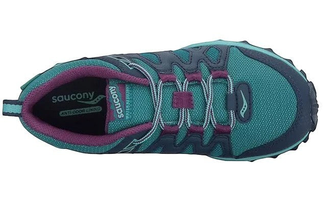 Allen's Bootery Saucony Peregrine Shield navy and turquoise kids trail sneaker with antimicrobial lining