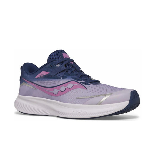 Allen's Bootery youth Saucony Ride 15 running shoe in mauve and indigo with a breathable mesh upper and white midsole.