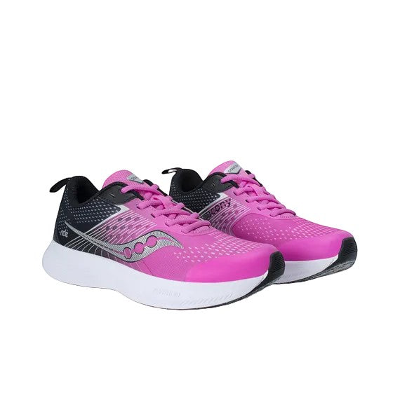 Allen's Bootery Saucony Ride KDZ fuchsia and black lightweight running sneakers for kids with lace-up closure
