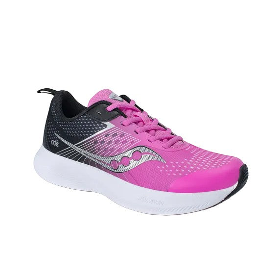Allen's Bootery Saucony Ride KDZ little kid's sneaker in fuchsia and black with breathable textile and white sole.