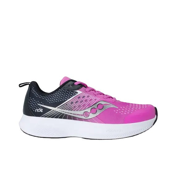 Allen's Bootery Saucony Ride KDZ little kid's sneaker in fuchsia and black with breathable mesh and white cushioning