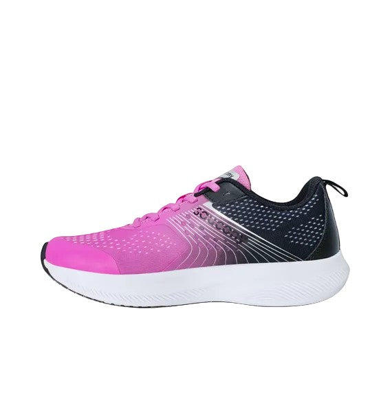 Allen's Bootery Saucony Ride KDZ kids sneaker in fuchsia and black with a white cushioned sole and lace-up closure.