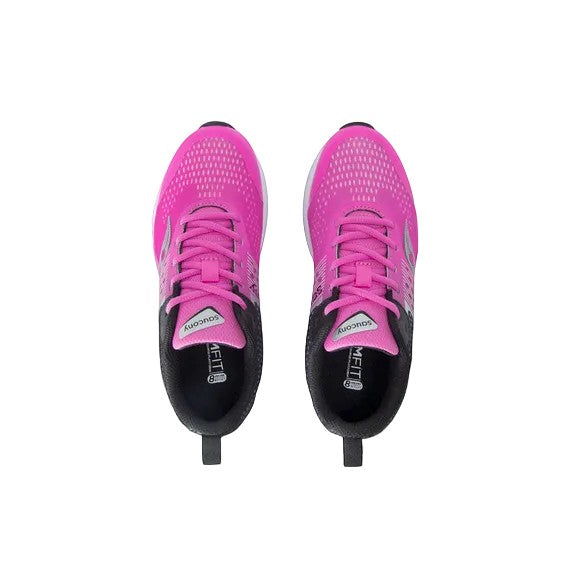 Allen's Bootery Saucony Ride KDZ kids sneakers in fuchsia and black with breathable textile and lace-up closure
