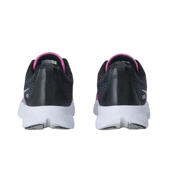 Allen's Bootery Saucony Ride KDZ kids sneakers in fuchsia and black with white cushioned soles, rear view.