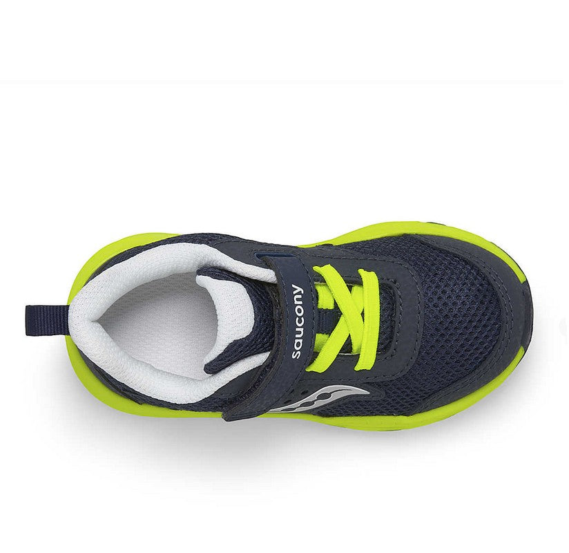 Allen's Bootery Saucony Ride Jr. navy and citron toddler sneaker with mesh upper and hook-and-loop closure.