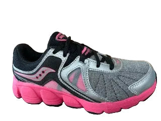 Allen's Bootery Saucony SY-G Kotaro 3 running shoe in silver, black, and pink with lace-up closure