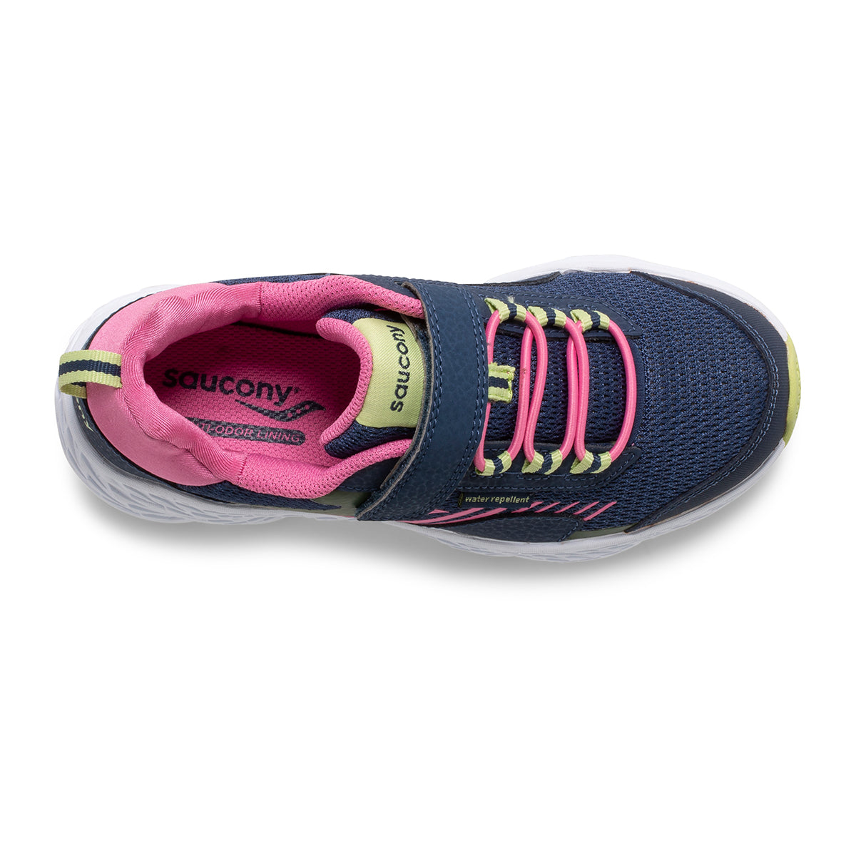 Allen's Bootery Saucony navy and pink toddler sneaker with mesh upper, hook-and-loop strap, and rubber outsole