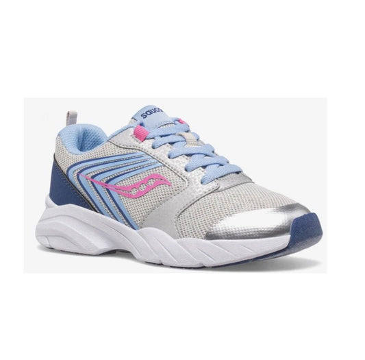 Allen's Bootery Saucony Wind FST kids sneaker in silver, blue, and pink with mesh and leather upper.