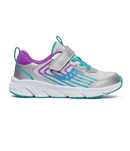 Allen's Bootery Saucony Wind 3.0 AC kids sneaker in silver, turquoise, and purple with hook and loop closure.