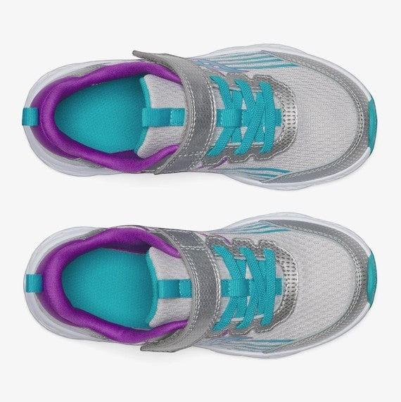 Allen's Bootery Saucony Wind 3.0 AC kids sneakers in silver, turquoise, and purple with hook and loop closure.