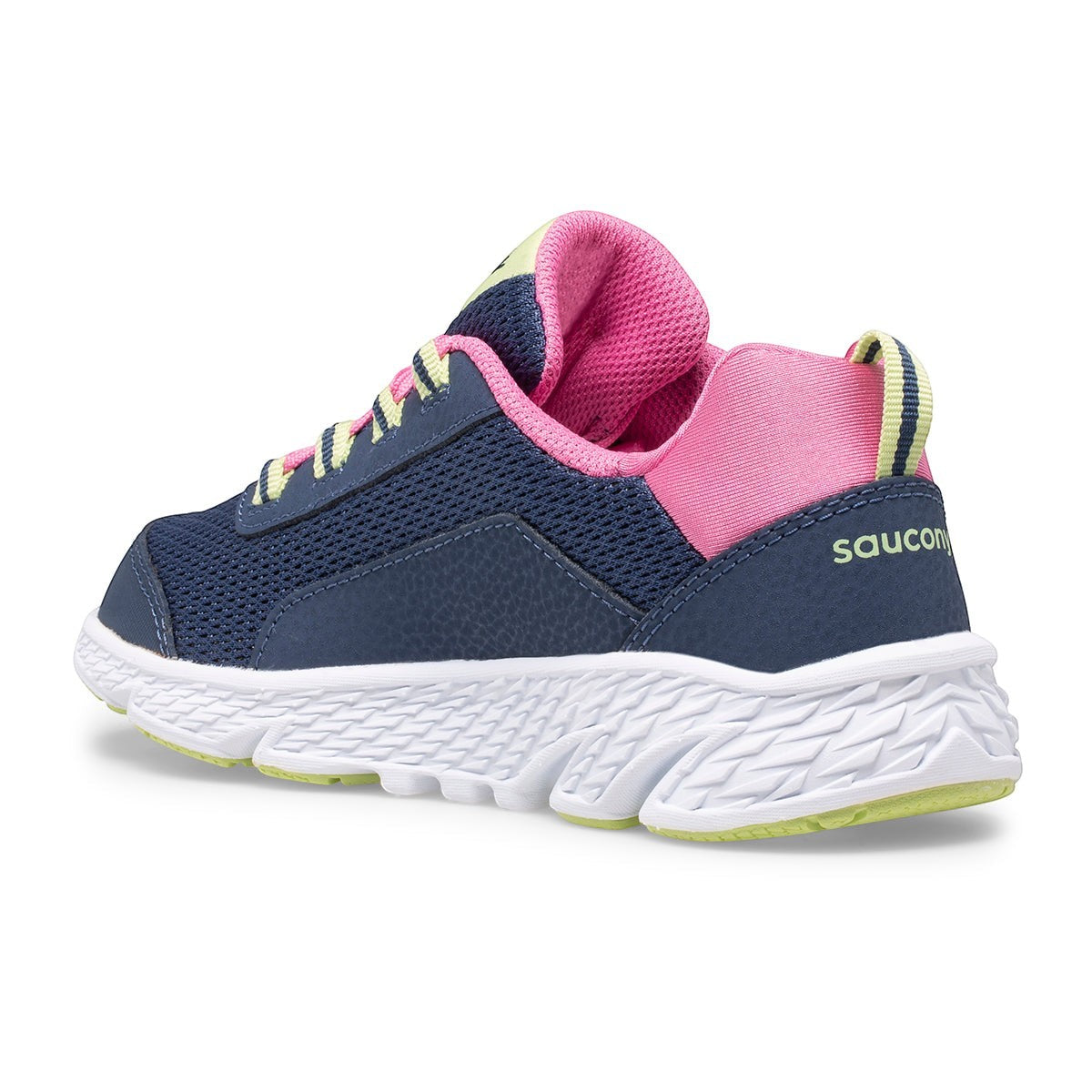 Allen's Bootery Saucony Wind Shield youth running shoe in navy blue, pink, and lime green with a white EVA midsole.