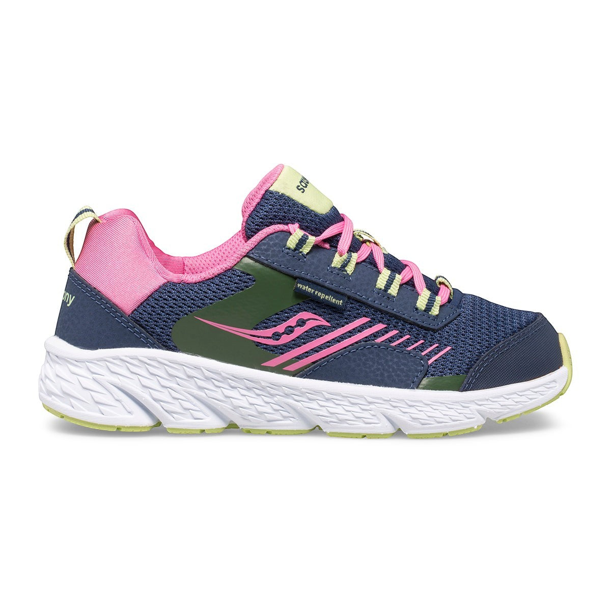 Allen's Bootery Saucony Wind Shield youth running shoe in navy blue, pink, and lime green with mesh and leather upper.