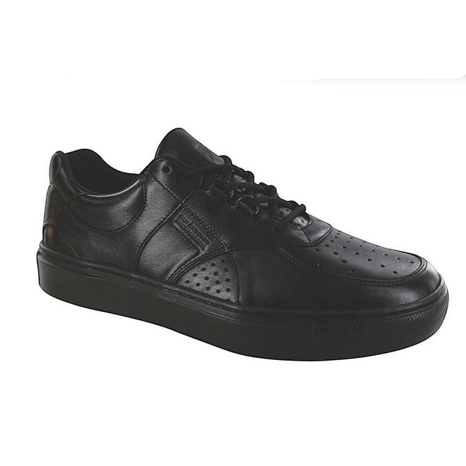 Allen's Bootery shiny black genuine leather sneakers with perforated details and EZ Lace system.