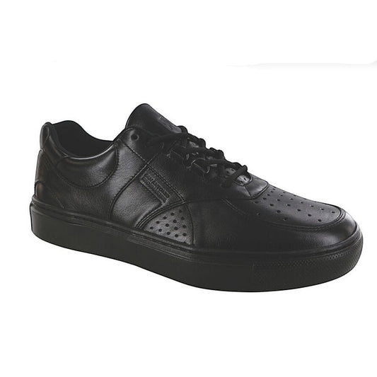Allen's Bootery shiny black genuine leather sneakers with perforated details and EZ Lace system.