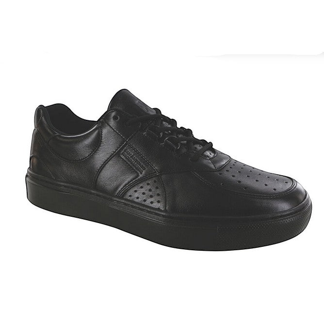 Allen's Bootery shiny black genuine leather sneakers with perforated details and EZ Lace system.