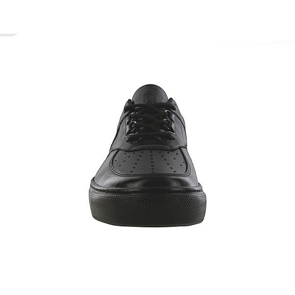Allen's Bootery shiny black genuine leather sneakers with perforated toe box and EZ Lace system.