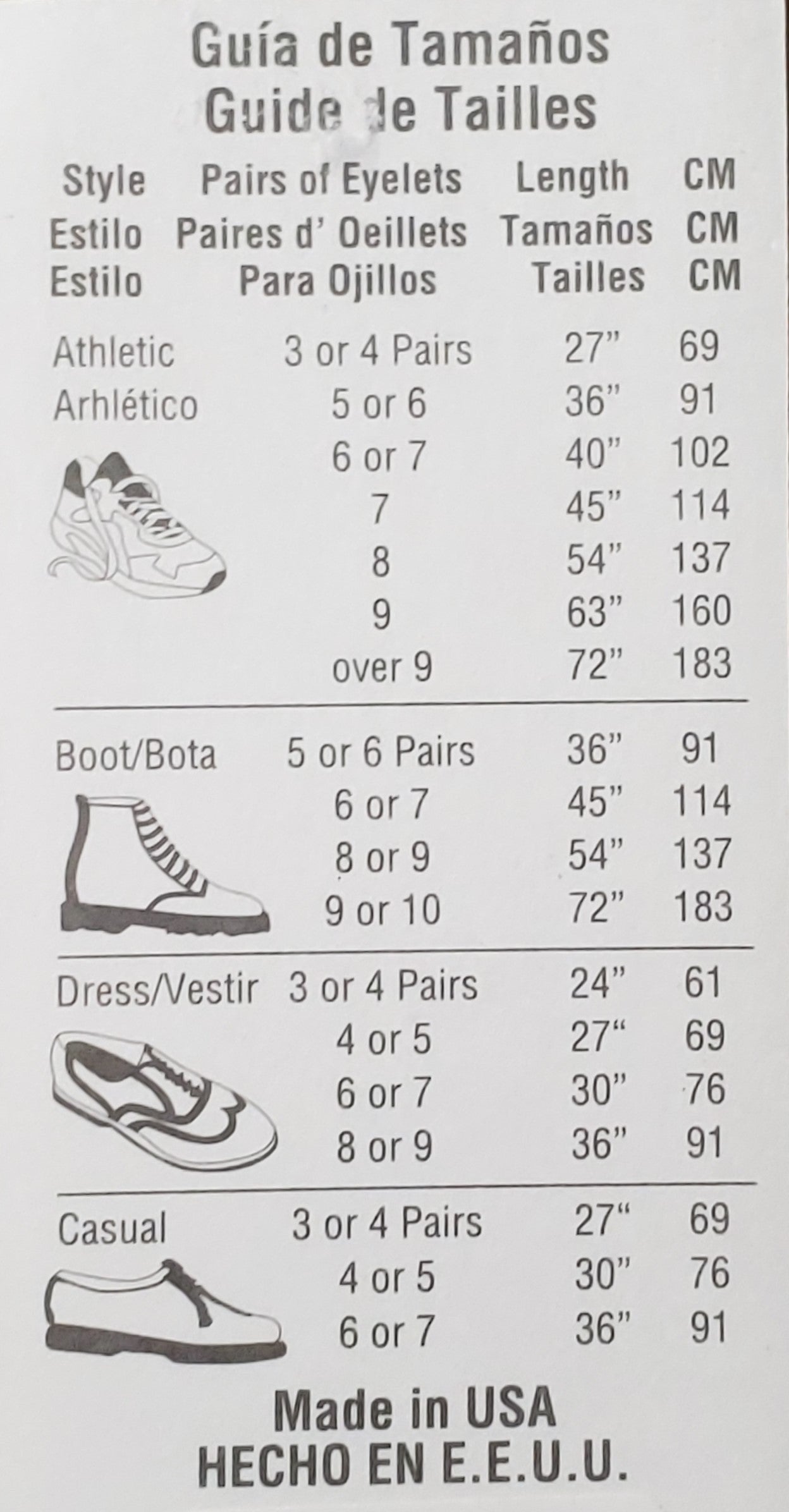 Allen's Bootery shoelace size guide chart showing length recommendations for athletic, boot, dress, and casual shoes.