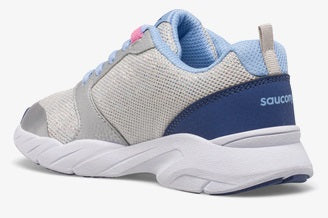 Allen's Bootery Big Kid's Wind FST sneaker in silver, blue, and pink with mesh upper and white EVA midsole