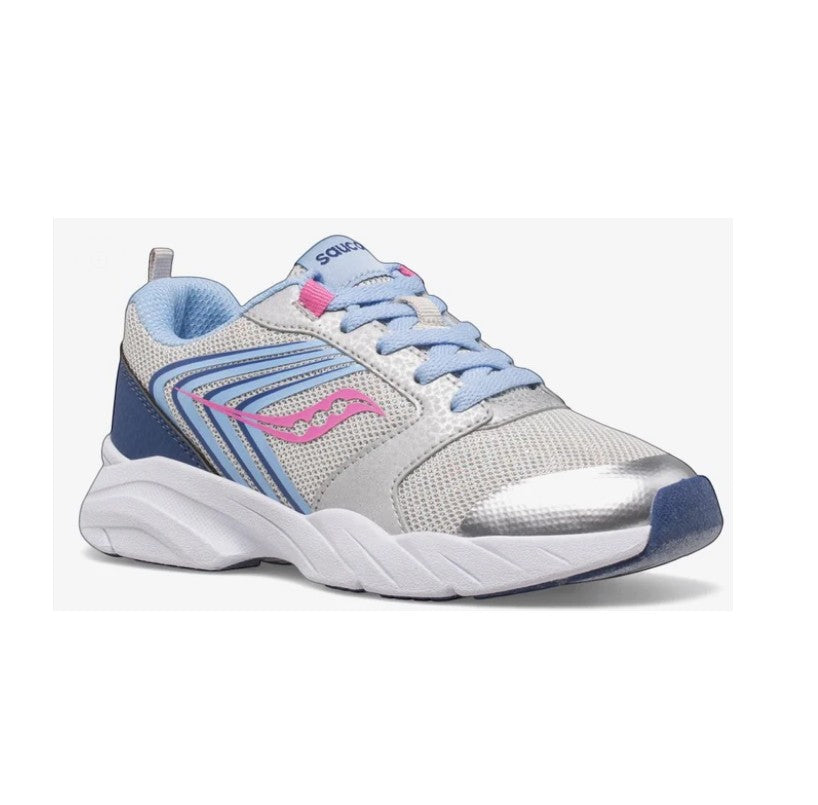 Allen's Bootery Big Kid's Wind FST sneaker in silver, blue, and pink with leather and mesh upper and lace closure.