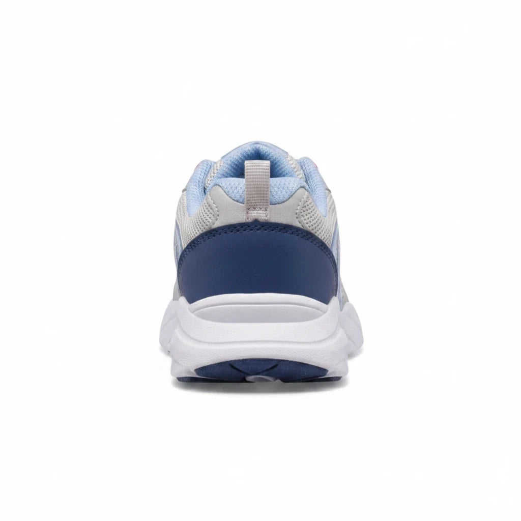 Rear view of Allen's Bootery Big Kid's Wind FST LTT sneaker in silver, blue, and pink with a cushioned white sole.