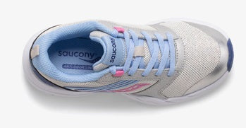 Allen's Bootery Big Kid's Wind FST LTT sneaker in silver, blue, and pink with mesh and leather upper