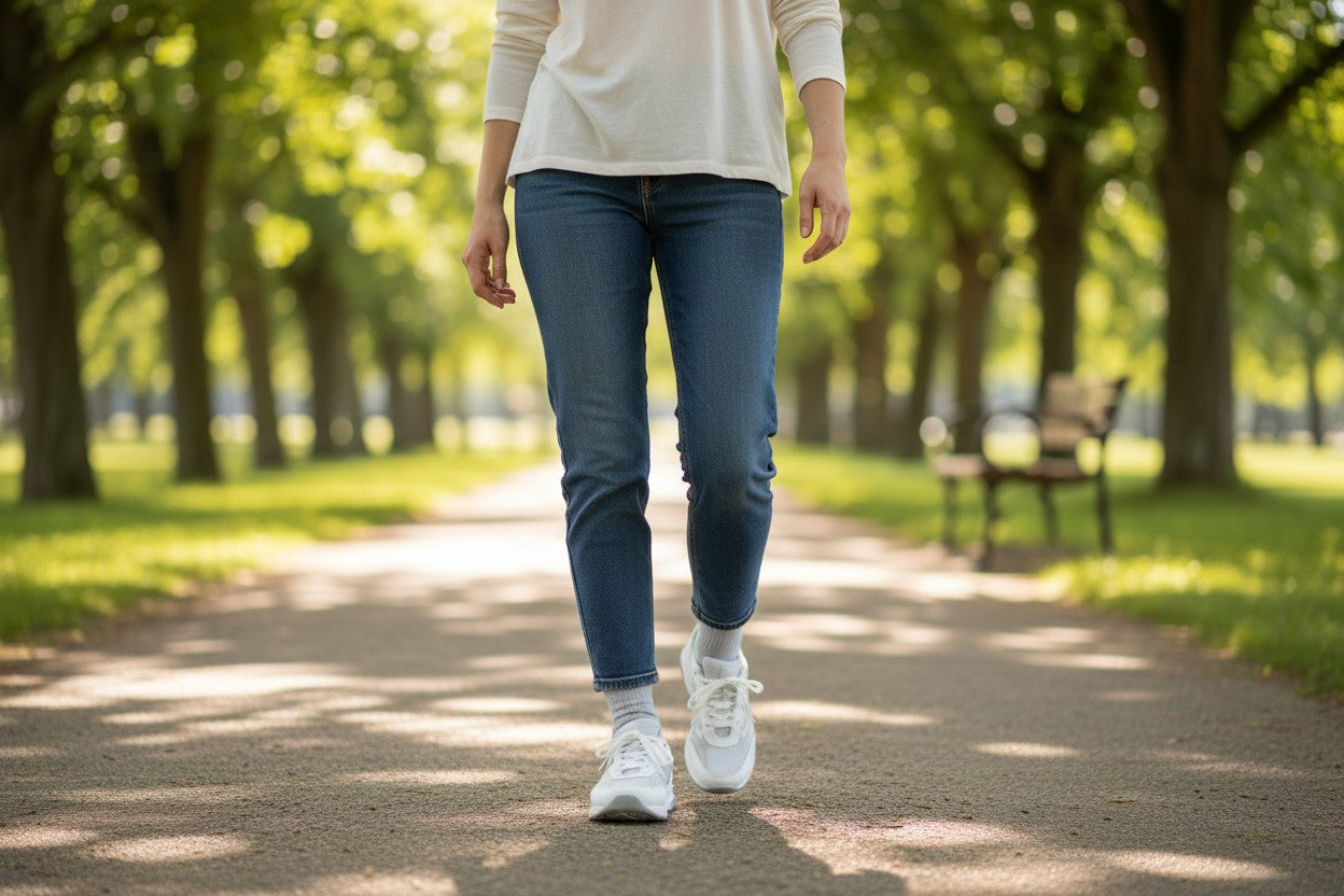 Allen's Bootery silver Tour Mesh lace-up sneakers worn by a woman walking on a park path in jeans.