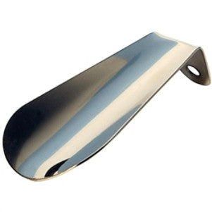 Allen's Bootery 3.5 inch silver metal shoe horn with a contoured design and hanging hole for easy storage.