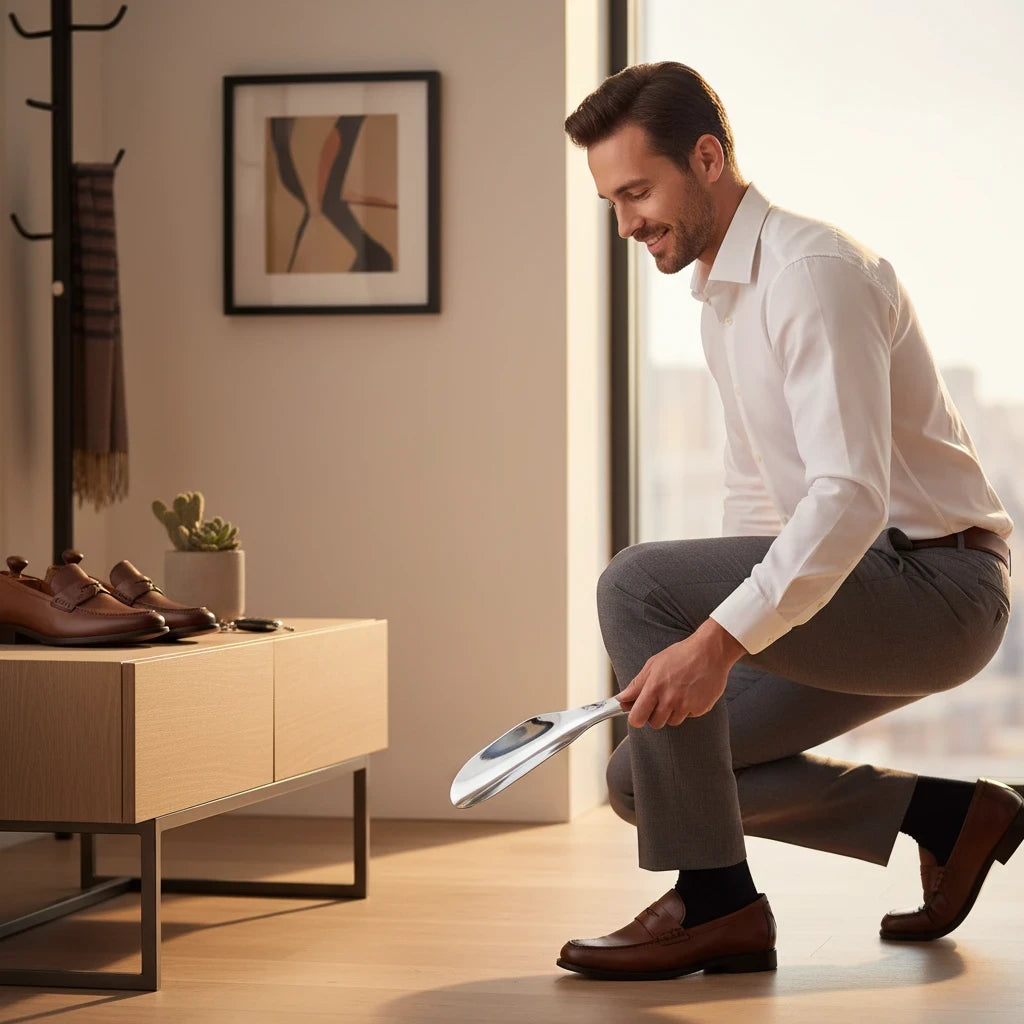 Allen's Bootery 7.5 inch silver metal shoe horn being used by a man in a white shirt and grey trousers