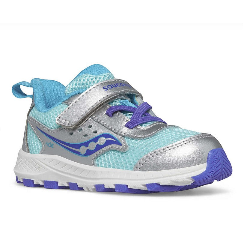 Allen's Bootery infant Ride Jr. sneaker in silver and turquoise with hook and loop closure and purple accents.