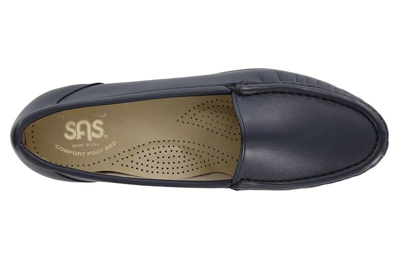 Allen's Bootery Simplify navy leather moccasin loafer with cushioned footbed and hand-laced construction