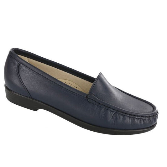 Allen's Bootery Simplify navy leather moccasin loafer with cushioned sole and hand-laced construction