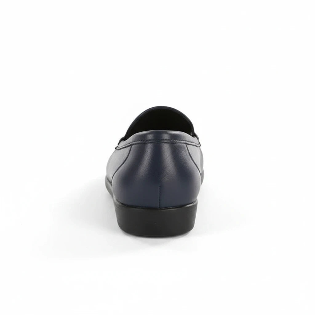 Allen's Bootery Simplify navy blue leather moccasin loafer viewed from the back showing the shock-absorbing sole