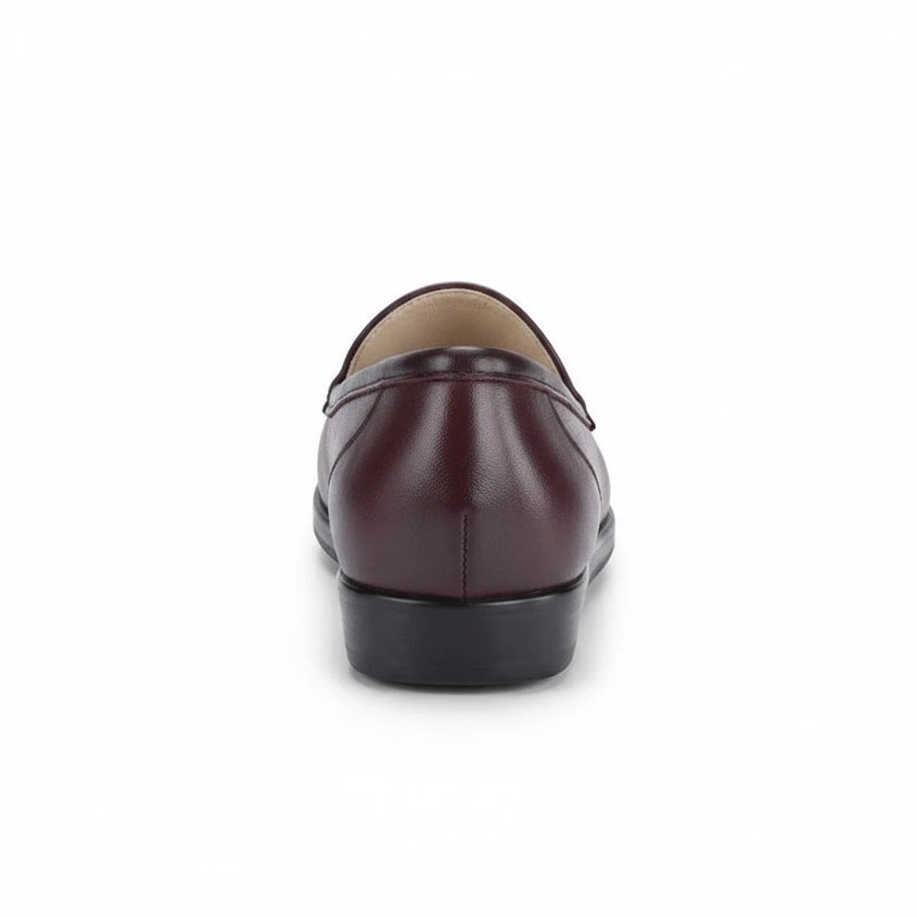 Allen's Bootery Simplify moccasin loafer in antique wine leather, shown from the back view with a cushioned sole.