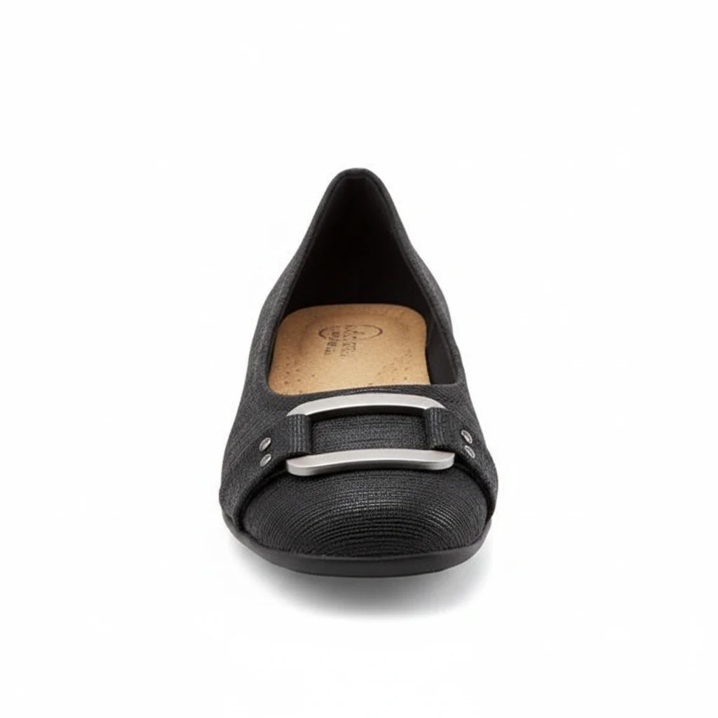 Allen's Bootery Sizzle black ballerina flat with a textured upper and a silver metal buckle detail on the toe.