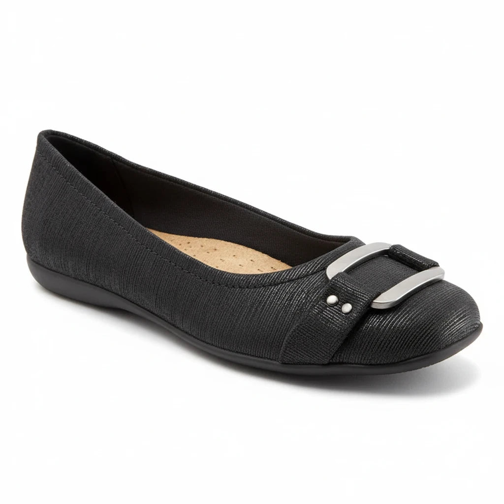 Allen's Bootery Sizzle black ballerina flat with a textured finish and a decorative metallic buckle on the toe.