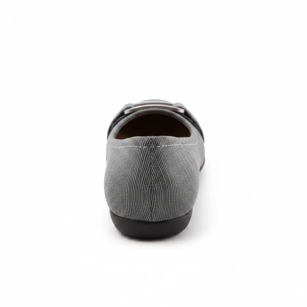 Allen's Bootery Sizzle grey metallic ballerina flat viewed from the back showing the textured fabric heel