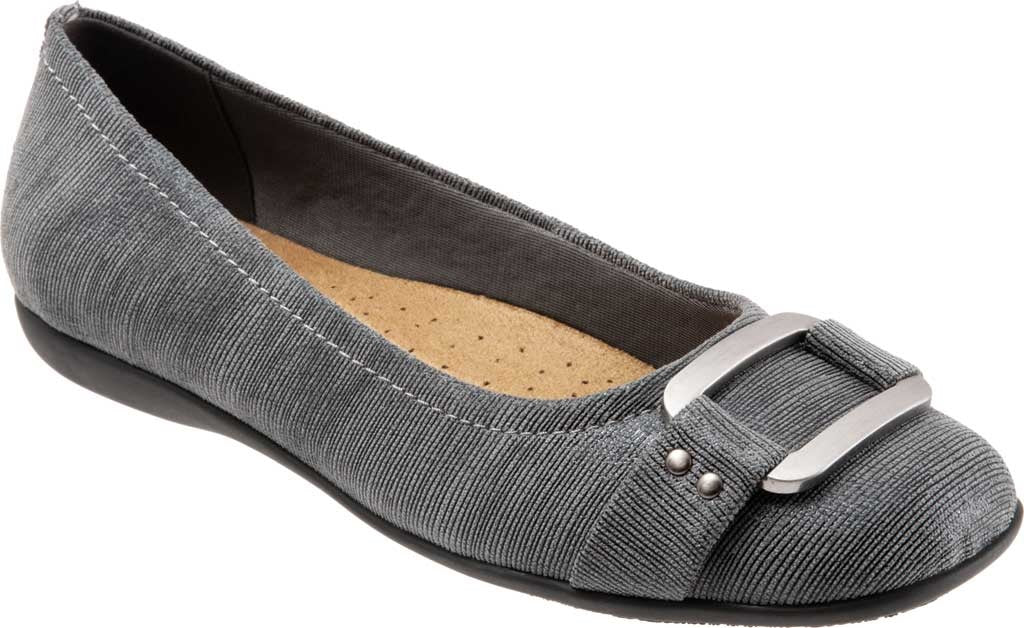 Allen's Bootery Sizzle grey metallic ballerina flat with a decorative metal buckle and cushioned footbed.
