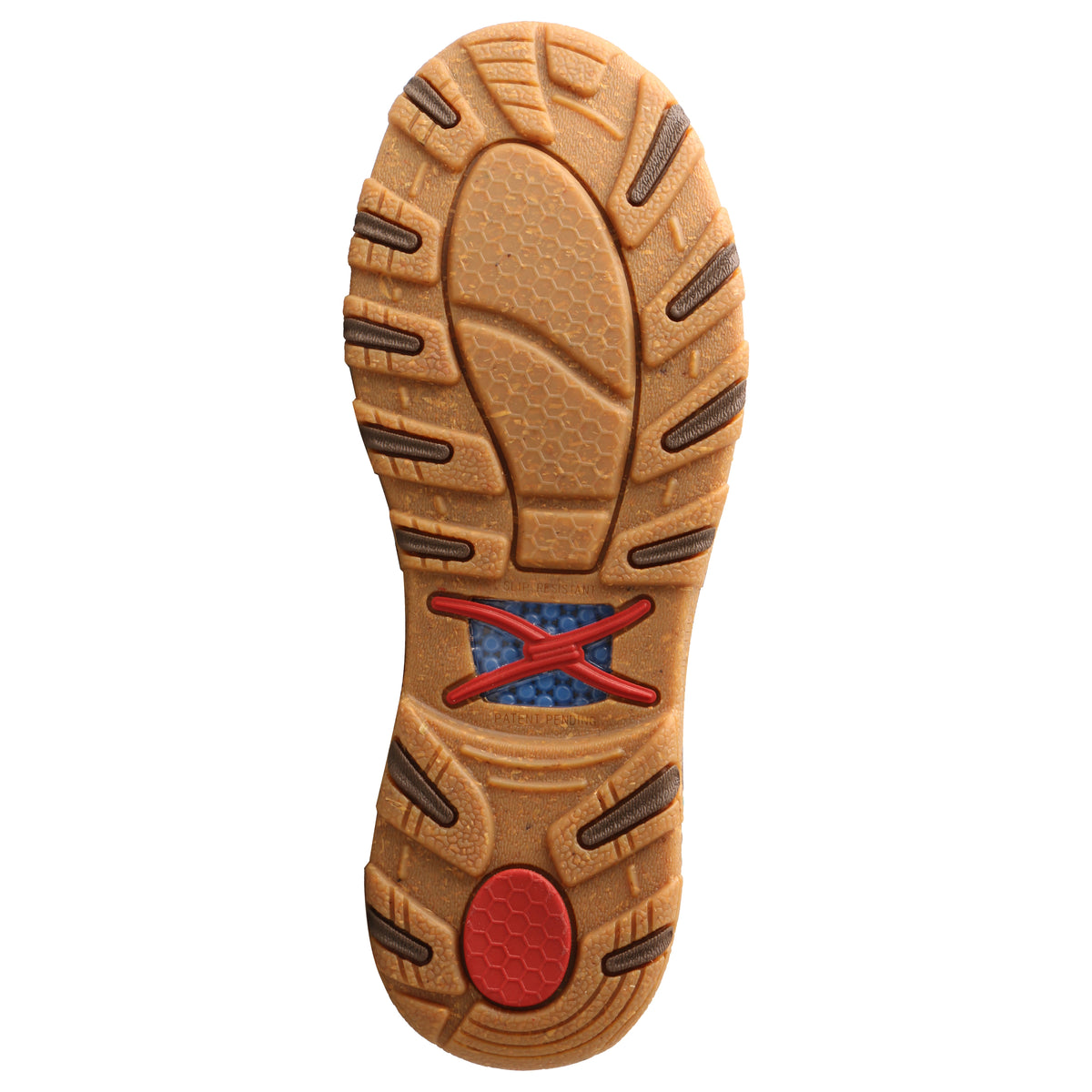 Allen's Bootery brown and coffee slip-on moccasin rubber outsole with slip-resistant tread and red accent details
