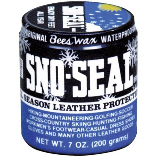 Allen's Bootery Sno-Seal original beeswax leather waterproofing treatment in a 7 oz blue container