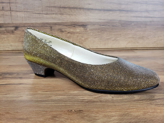 Allen's Bootery Soft Style Angel II low heel dress pump in shimmering gold and silver metallic fabric.