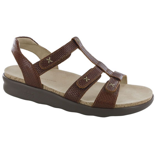 Allen's Bootery Sorrento brandy woven leather sandal with three adjustable straps and a cushioned microfiber insole.